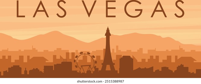 Brown panoramic poster of the city skyline with misty background buildings, sunrise, clouds and mountains of LAS VEGAS, UNITED STATES