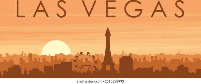 Brown panoramic poster of the city skyline with misty background buildings, sunrise, clouds and mountains of LAS VEGAS, UNITED STATES