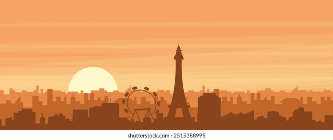 Brown panoramic poster of the city skyline with misty background buildings, sunrise, clouds and mountains of LAS VEGAS, UNITED STATES