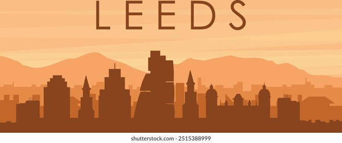 Brown panoramic poster of the city skyline with misty background buildings, sunrise, clouds and mountains of LEEDS, UNITED KINGDOM