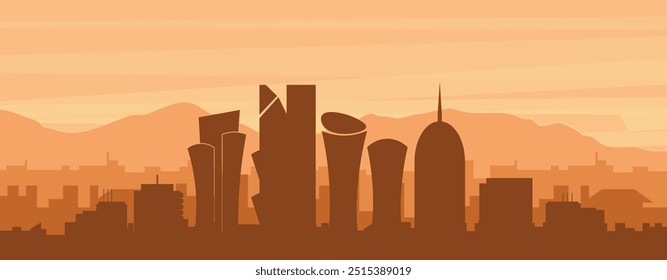 Brown panoramic poster of the city skyline with misty background buildings, sunrise, clouds and mountains of DOHA, QATAR
