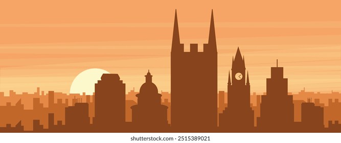 Brown panoramic poster of the city skyline with misty background buildings, sunrise, clouds and mountains of DERBY, UNITED KINGDOM