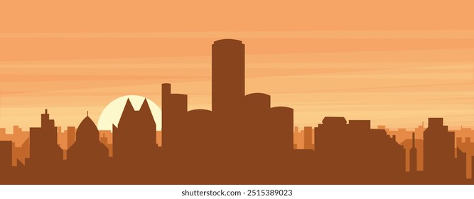 Brown panoramic poster of the city skyline with misty background buildings, sunrise, clouds and mountains of DETROIT, UNITED STATES