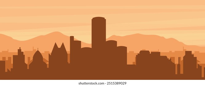 Brown panoramic poster of the city skyline with misty background buildings, sunrise, clouds and mountains of DETROIT, UNITED STATES