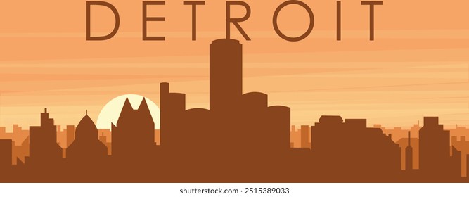 Brown panoramic poster of the city skyline with misty background buildings, sunrise, clouds and mountains of DETROIT, UNITED STATES