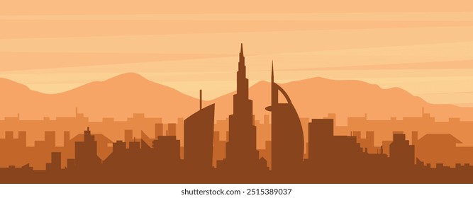 Cartel panorámico marrón del horizonte de la ciudad con edificios de fondo brumoso, amanecer, nubes y montañas de DUBAI, EMIRATOS ÁRABES UNIDOS