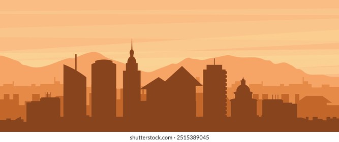 Brown panoramic poster of the city skyline with misty background buildings, sunrise, clouds and mountains of DORTMUND, GERMANY