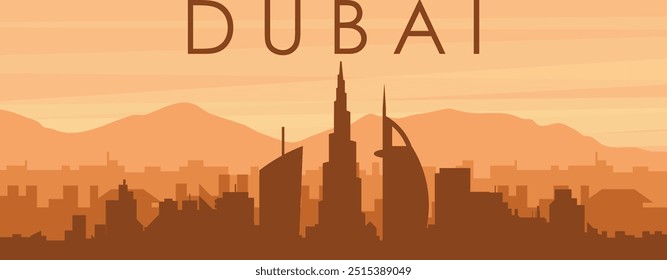 Brown panoramic poster of the city skyline with misty background buildings, sunrise, clouds and mountains of DUBAI, UNITED ARAB EMIRATES