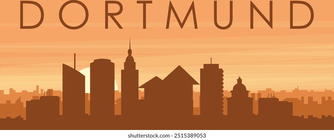 Brown panoramic poster of the city skyline with misty background buildings, sunrise, clouds and mountains of DORTMUND, GERMANY