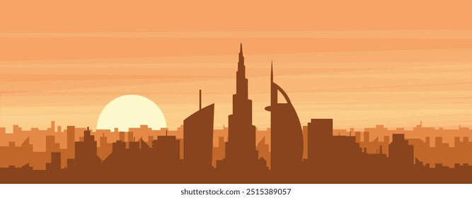 Cartel panorámico marrón del horizonte de la ciudad con edificios de fondo brumoso, amanecer, nubes y montañas de DUBAI, EMIRATOS ÁRABES UNIDOS