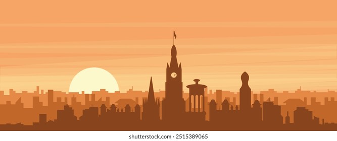 Brown panoramic poster of the city skyline with misty background buildings, sunrise, clouds and mountains of EDINBURGH, UNITED KINGDOM