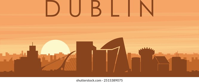 Brown panoramic poster of the city skyline with misty background buildings, sunrise, clouds and mountains of DUBLIN, IRELAND