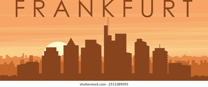 Brown panoramic poster of the city skyline with misty background buildings, sunrise, clouds and mountains of FRANKFURT, GERMANY