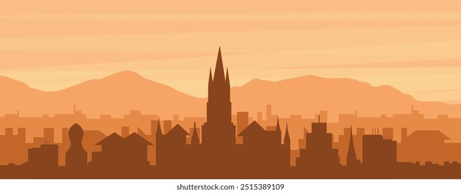 Póster panorámico marrón del horizonte de la ciudad con edificios de fondo brumoso, amanecer, nubes y montañas de GLASGOW, REINO UNIDO