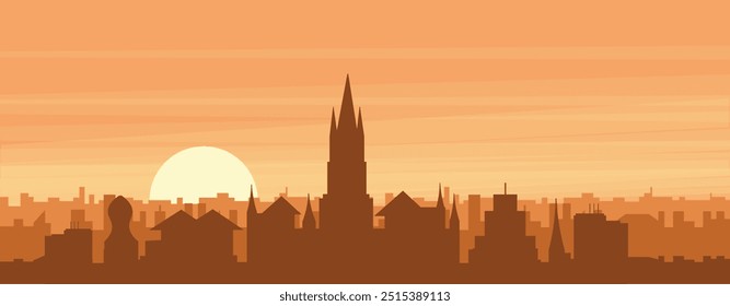 Póster panorámico marrón del horizonte de la ciudad con edificios de fondo brumoso, amanecer, nubes y montañas de GLASGOW, REINO UNIDO