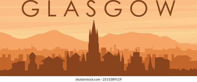 Póster panorámico marrón del horizonte de la ciudad con edificios de fondo brumoso, amanecer, nubes y montañas de GLASGOW, REINO UNIDO