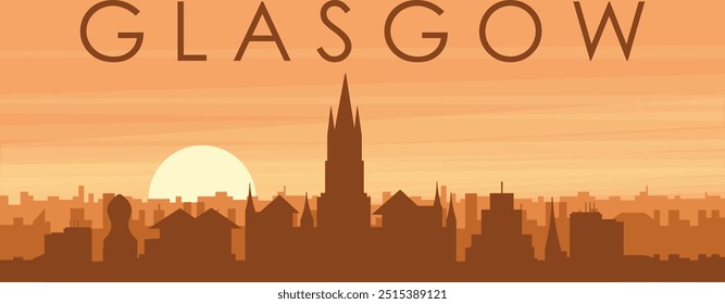 Póster panorámico marrón del horizonte de la ciudad con edificios de fondo brumoso, amanecer, nubes y montañas de GLASGOW, REINO UNIDO