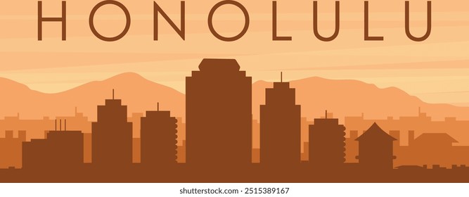 Brown panoramic poster of the city skyline with misty background buildings, sunrise, clouds and mountains of HONOLULU, UNITED STATES