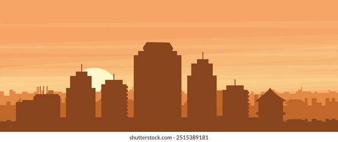 Brown panoramic poster of the city skyline with misty background buildings, sunrise, clouds and mountains of HONOLULU, UNITED STATES