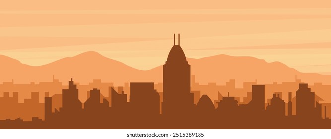 Brown panoramic poster of the city skyline with misty background buildings, sunrise, clouds and mountains of INDIANAPOLIS, UNITED STATES