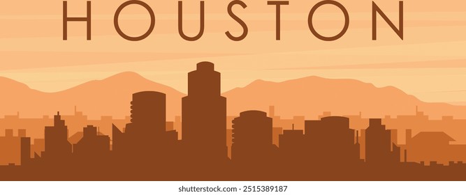 Brown panoramic poster of the city skyline with misty background buildings, sunrise, clouds and mountains of HOUSTON, UNITED STATES