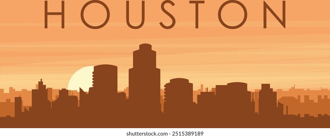 Brown panoramic poster of the city skyline with misty background buildings, sunrise, clouds and mountains of HOUSTON, UNITED STATES