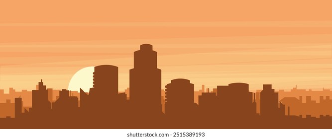 Brown panoramic poster of the city skyline with misty background buildings, sunrise, clouds and mountains of HOUSTON, UNITED STATES