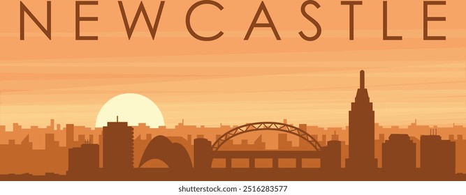 Brown panoramic poster of the city skyline with misty background buildings, sunrise, clouds and mountains of NEWCASTLE, UNITED KINGDOM
