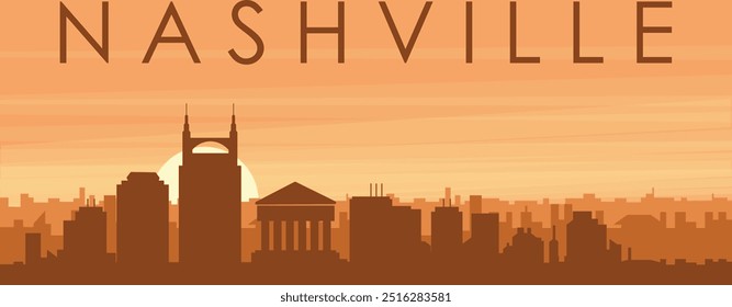 Brown panoramic poster of the city skyline with misty background buildings, sunrise, clouds and mountains of NASHVILLE, UNITED STATES