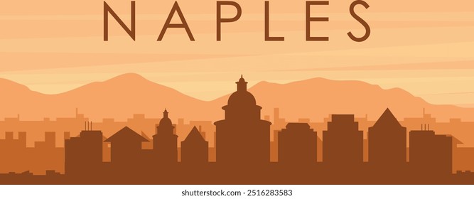 Brown panoramic poster of the city skyline with misty background buildings, sunrise, clouds and mountains of NAPLES, ITALY