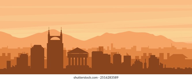 Brown panoramic poster of the city skyline with misty background buildings, sunrise, clouds and mountains of NASHVILLE, UNITED STATES