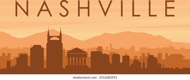 Brown panoramic poster of the city skyline with misty background buildings, sunrise, clouds and mountains of NASHVILLE, UNITED STATES