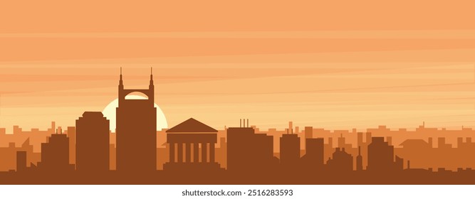 Brown panoramic poster of the city skyline with misty background buildings, sunrise, clouds and mountains of NASHVILLE, UNITED STATES