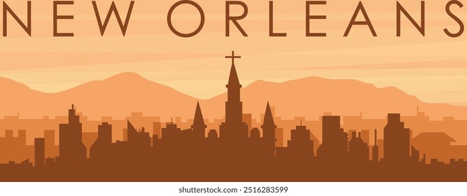 Brown panoramic poster of the city skyline with misty background buildings, sunrise, clouds and mountains of NEW ORLEANS, UNITED STATES