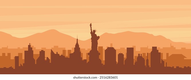 Brown panoramic poster of the city skyline with misty background buildings, sunrise, clouds and mountains of NEW YORK, UNITED STATES