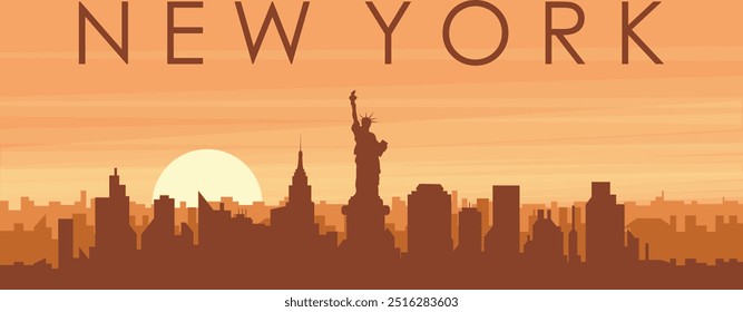 Brown panoramic poster of the city skyline with misty background buildings, sunrise, clouds and mountains of NEW YORK, UNITED STATES