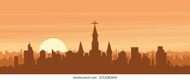 Brown panoramic poster of the city skyline with misty background buildings, sunrise, clouds and mountains of NEW ORLEANS, UNITED STATES