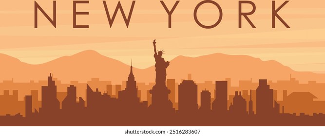 Brown panoramic poster of the city skyline with misty background buildings, sunrise, clouds and mountains of NEW YORK, UNITED STATES