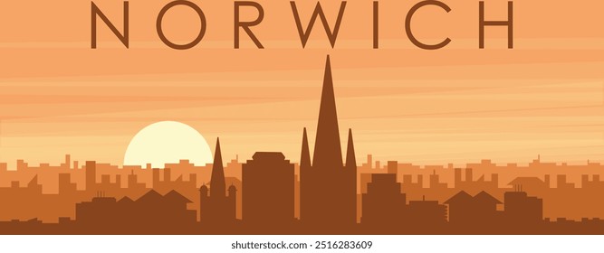 Brown panoramic poster of the city skyline with misty background buildings, sunrise, clouds and mountains of NORWICH, UNITED KINGDOM