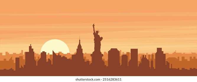 Brown panoramic poster of the city skyline with misty background buildings, sunrise, clouds and mountains of NEW YORK, UNITED STATES