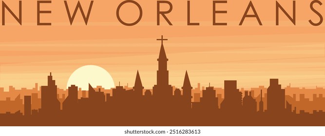 Brown panoramic poster of the city skyline with misty background buildings, sunrise, clouds and mountains of NEW ORLEANS, UNITED STATES