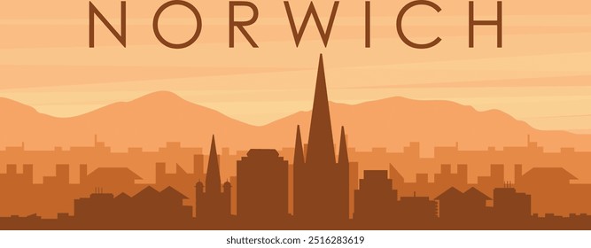 Póster panorámico marrón del horizonte de la ciudad con edificios de fondo brumoso, amanecer, nubes y montañas de NORWICH, REINO UNIDO