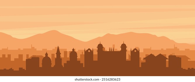 Brown panoramic poster of the city skyline with misty background buildings, sunrise, clouds and mountains of NOTTINGHAM, UNITED KINGDOM