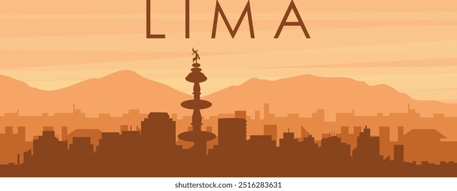 Braunes Panorama-Poster der Skyline der Stadt mit nebeligen Hintergrundgebäuden, Sonnenaufgang, Wolken und Bergen von LIMA, PERU