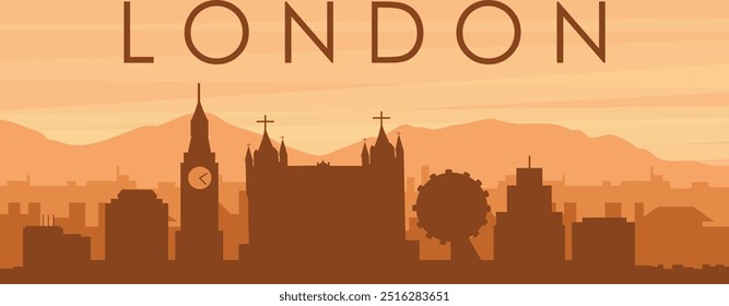 Brown panoramic poster of the city skyline with misty background buildings, sunrise, clouds and mountains of LONDON, U NITED KINGDOM