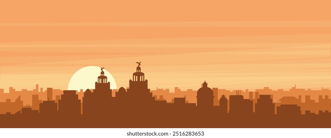 Brown panoramic poster of the city skyline with misty background buildings, sunrise, clouds and mountains of LIVERPOOL, UNITED KINGDOM