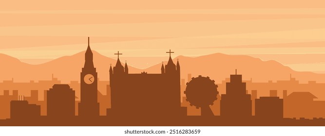 Brown panoramic poster of the city skyline with misty background buildings, sunrise, clouds and mountains of LONDON, U NITED KINGDOM