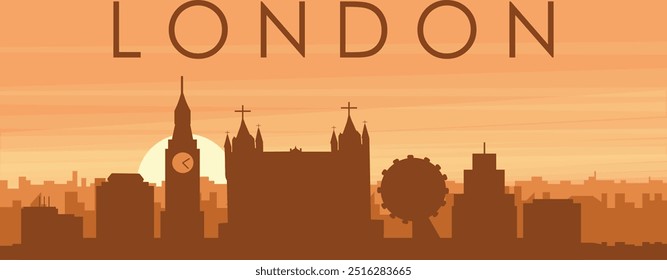 Brown panoramic poster of the city skyline with misty background buildings, sunrise, clouds and mountains of LONDON, U NITED KINGDOM