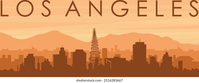 Brown panoramic poster of the city skyline with misty background buildings, sunrise, clouds and mountains of LOS ANGELES, UNITED STATES