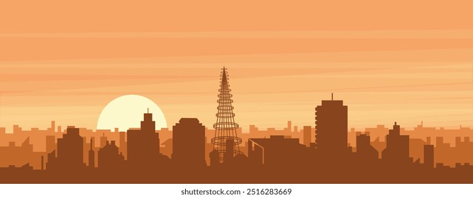 Brown panoramic poster of the city skyline with misty background buildings, sunrise, clouds and mountains of LOS ANGELES, UNITED STATES